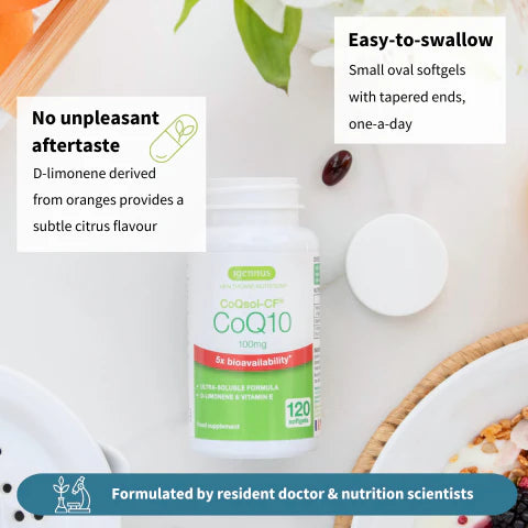 CoQ10 supplement bottle with text about its features on a light background