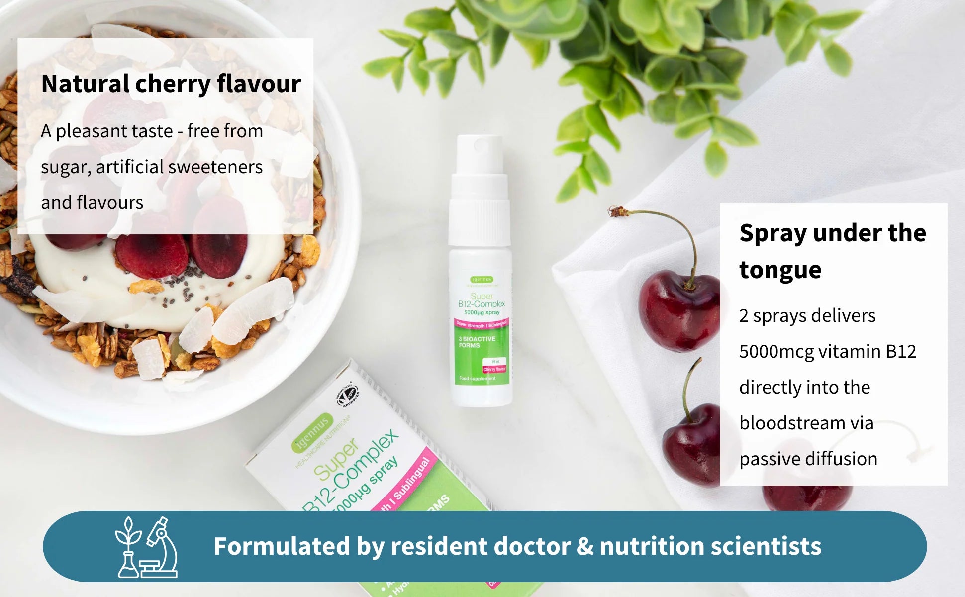 Vitamin spray with cherry flavor packaging, surrounded by cherries and a bowl of cereal.