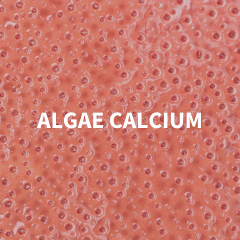 Text 'ALGAE CALCIUM' on a textured pink background