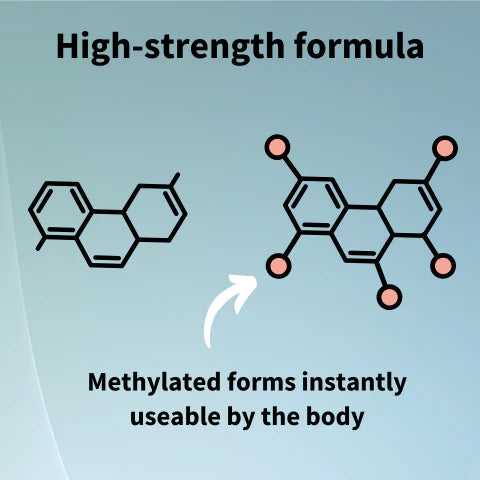 Chemical formulas with methylated groups on a light blue background