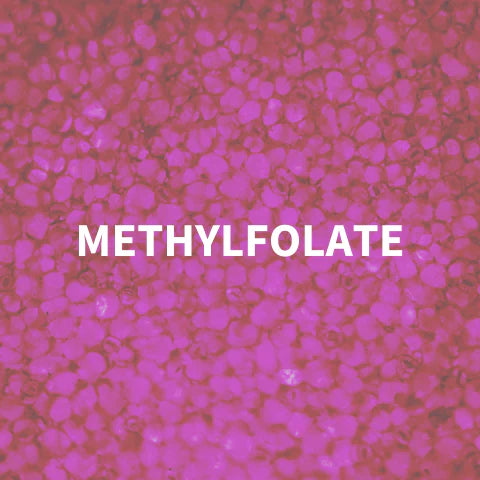 Pink and red granular substance with 'METHYLFOLATE' text in white.