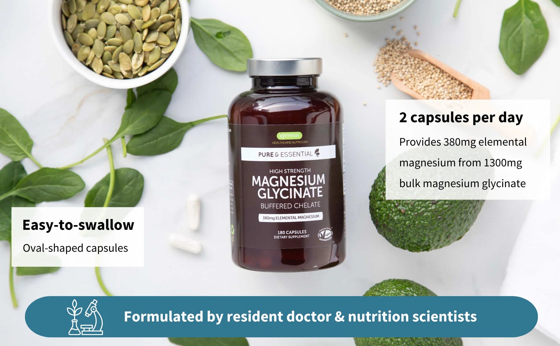 Bottle of magnesium supplement with green leaves and text on a white background