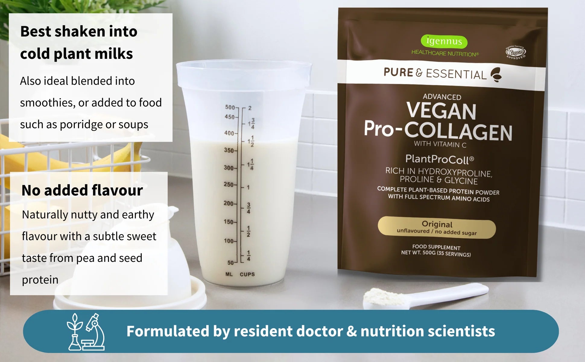 Vegan Pro-Collagen package with a measuring cup of liquid on a kitchen counter