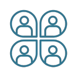 Blue icon of four interconnected people on a black background