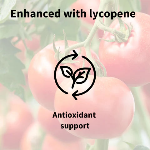 Tomatoes on a vine with lycopene and antioxidant support text