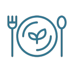 Blue outline of a plate with a fork and spoon on a black background