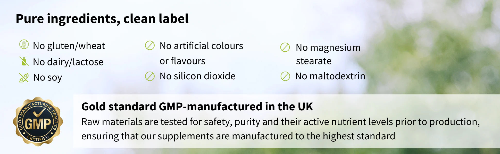 Product label with pure ingredients and manufacturing details against a blurred natural background