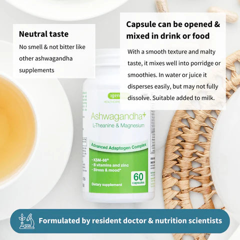 Supplement package with text on neutral taste, capsule usage, and formulation details.