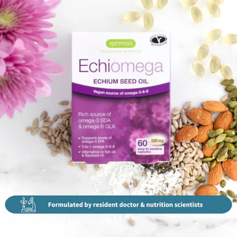 Echiomega Echium Seed Oil packaging with seeds and flowers on a white background