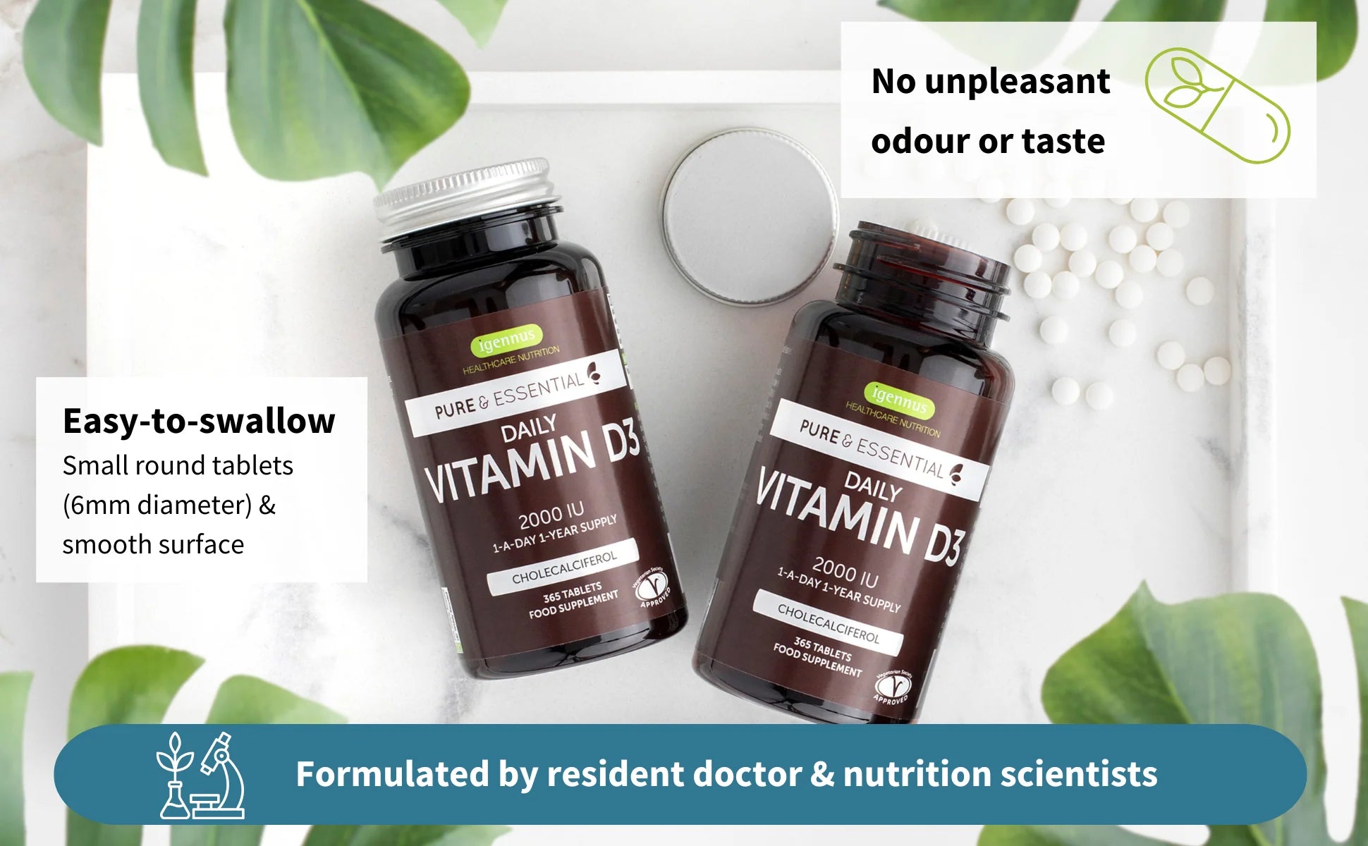 Two bottles of Pure & Essential Daily Vitamin D3 on a light background with green leaves.