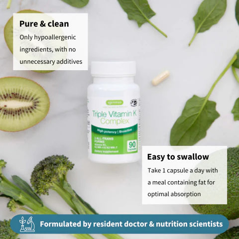 Vitamin K2 supplement bottle with green leaves, kiwi, and broccoli on a white background