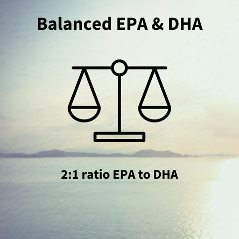 Balance scale icon with text about EPA and DHA ratio on a blurred landscape background