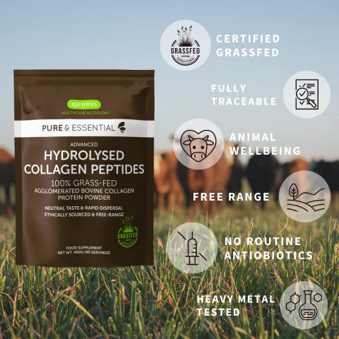 Package of Pure & Essential Hydrolysed Collagen Peptides with grassfed certification icons on a blurred background of cows in a field.