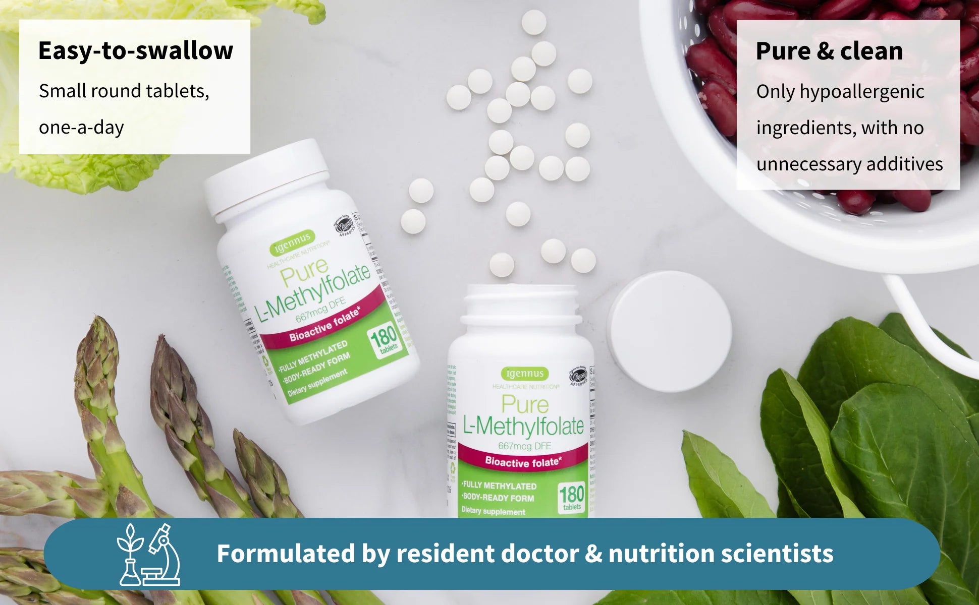 Two bottles of Pure L-Methylfolate with tablets and vegetables on a white background.