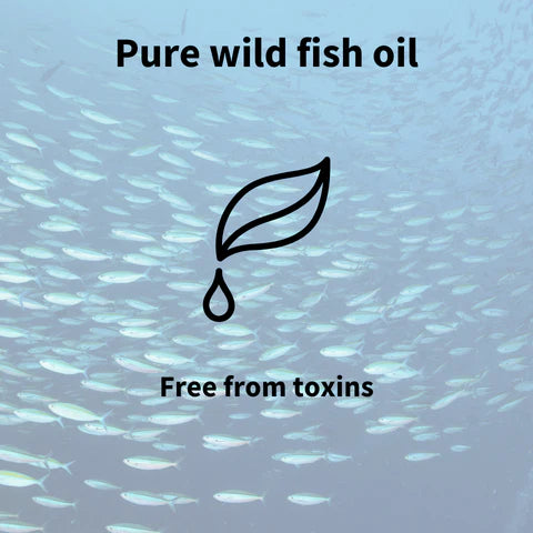 Pure wild fish oil label with fish and droplet icon on a blue background