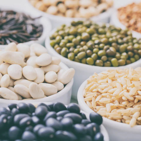 Assorted beans and legumes in white bowls on a light background