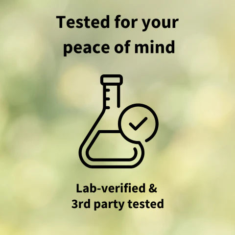 Beaker icon with check mark and text 'Tested for your peace of mind, Lab-verified & 3rd party tested' on a blurred background