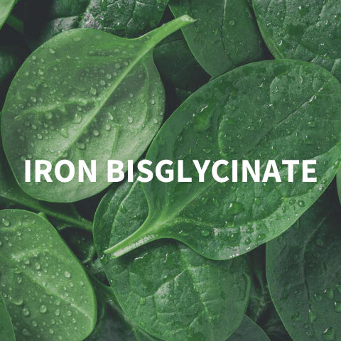 Close-up of green leaves with water droplets and 'IRON BISGLYCINATE' text overlay.