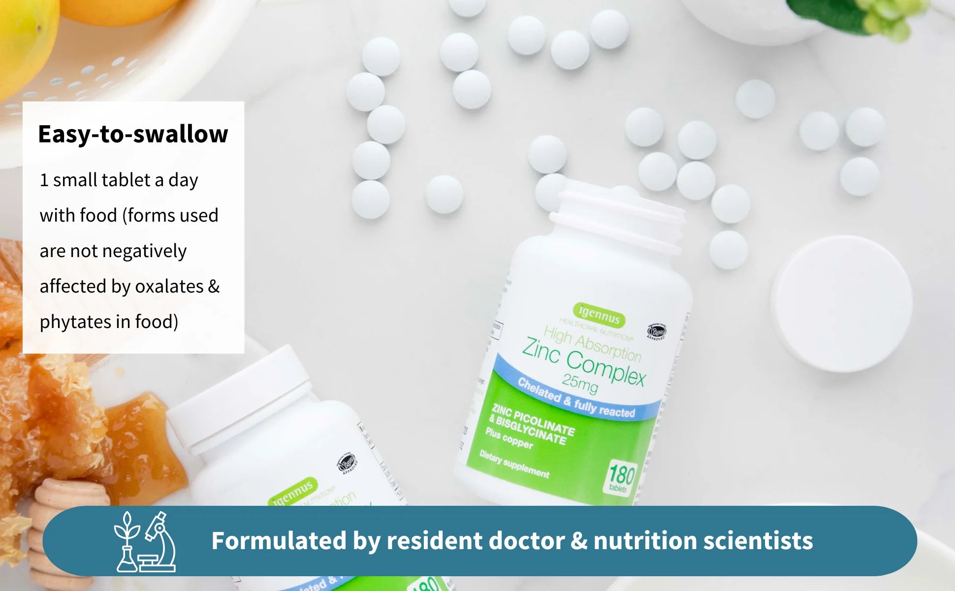 Zinc supplement bottle with text about easy-to-swallow tablets on a light background