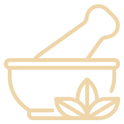 Outline of a mortar and pestle with a leaf design on a white background