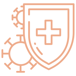 Shield icon with a cross and gear symbol, likely representing healthcare or safety.