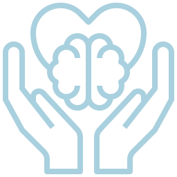 Outline of two hands holding a heart with a brain inside, symbolizing care and intelligence.