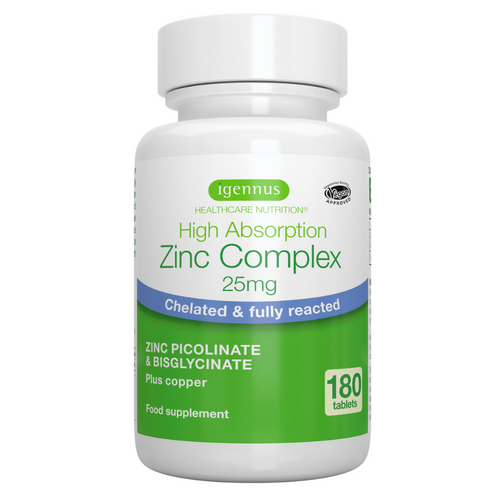 High Absorption Zinc Complex 25mg with Copper, Chelated Zinc Picolinate & Bisglycinate, 180 Tablets