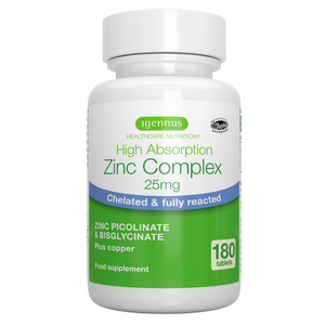 High Absorption Zinc Complex 25mg with Copper, Chelated Zinc Picolinate & Bisglycinate, 180 Tablets