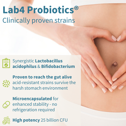 Live Cultures+ Lab4 Probiotics & Non-Bloating Prebiotic, Lactobacillus & Bifidobacterium, 30 Capsules