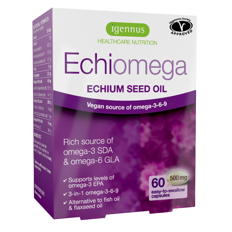 Echiomega Echium Seed Oil 500mg, Vegan Omega-3-6-9, 60 softgels
